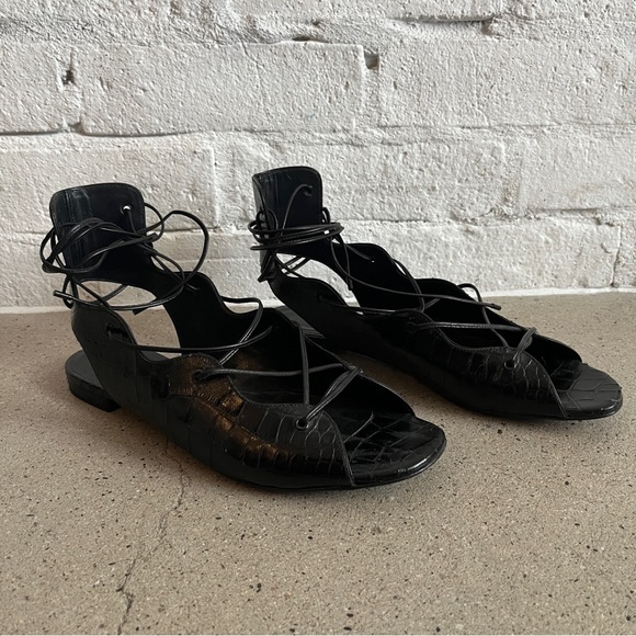 Saint Laurent Croc Embossed Lace Up Flat Sandal in Black - Picture 5 of 9